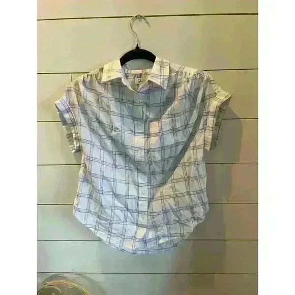 Japna Lavender and Cream Plaid Cap Sleeve Button Down Top, XS - Picture 1 of 6